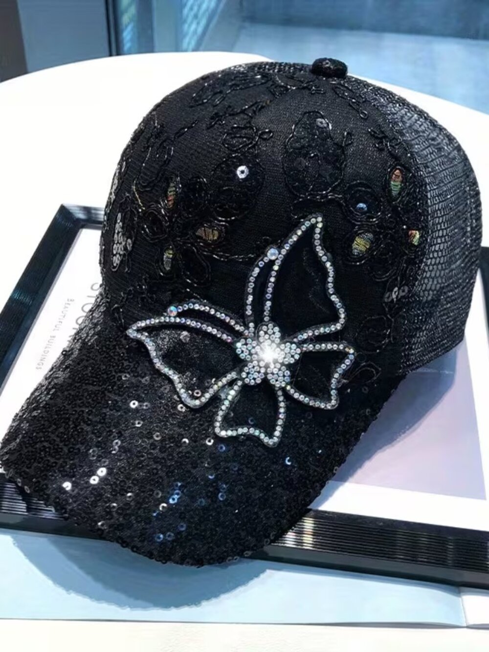NEW Women's Adjustable Duckbill Baseball Cap w/Lge Butterfly Sequin Decoration
